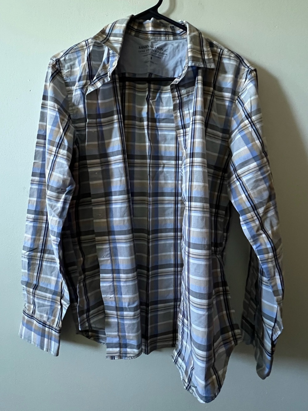 Banana Republic Luxe Stretch PoplinPlaid Button-Down Cotton Shirt - Blue & Gray